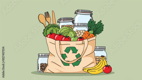 Illustration of reusable grocery bag with fresh food, glass jars, and eco products promoting zero waste shopping. Ideal for sustainability campaigns and eco lifestyle design