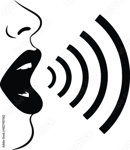 Stylized black and white graphic illustration of a mouth speaking with sound waves emanating outwards, isolated on white background