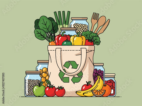 Illustration of reusable grocery bag with fresh food, glass jars, and eco products promoting zero waste shopping. Ideal for sustainability campaigns and eco lifestyle design