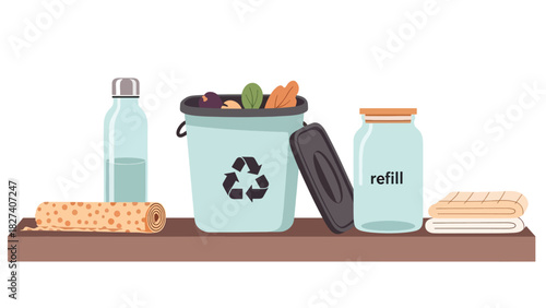 Flat vector eco-friendly kitchen scene with reusable jars, bamboo tools, and compost bin. Ideal for zero waste lifestyle education and home sustainability content