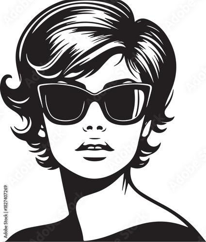 Pop Art Woman Face with Short Hair and Sunglasses - Black and White,