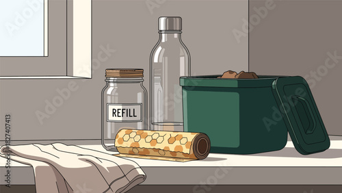 Flat vector eco-friendly kitchen scene with reusable jars, bamboo tools, and compost bin. Ideal for zero waste lifestyle education and home sustainability content