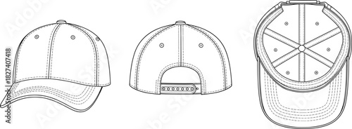 Baseball cap technical sketch, side view, back view, top interior, stitching detail, adjustable strap, fashion design blueprint, vector drawing