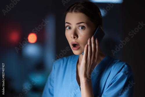 Nurse Responds Shocked While Answering Phone in Soft Clinical Lighting