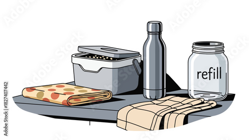 Flat vector eco-friendly kitchen scene with reusable jars, bamboo tools, and compost bin. Ideal for zero waste lifestyle education and home sustainability content