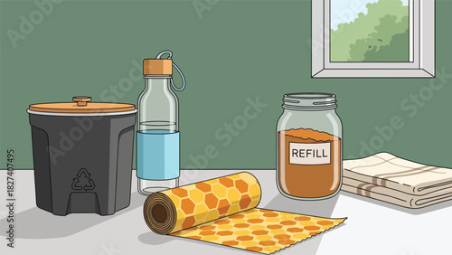 Flat vector eco-friendly kitchen scene with reusable jars, bamboo tools, and compost bin. Ideal for zero waste lifestyle education and home sustainability content