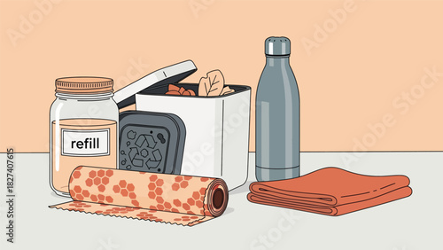 Flat vector eco-friendly kitchen scene with reusable jars, bamboo tools, and compost bin. Ideal for zero waste lifestyle education and home sustainability content