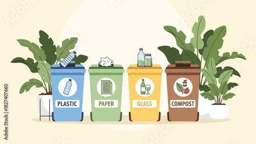 Modern illustration of labeled recycling bins for paper, glass, plastic, and compost. Ideal for environmental campaigns, school materials, and eco sorting education