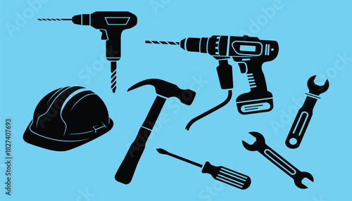 construction tools illustration, collection of hammer, drill, wrench, screwdriver, and safety helmet symbols, ideal for building, home improvement, industrial work, and professional engineering.