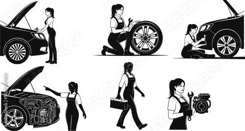 Automotive repair silhouette illustrations with mechanic, wrench, toolbox, engine inspection, tire maintenance, car wheel work, vehicle service poses