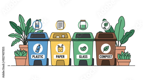Modern illustration of labeled recycling bins for paper, glass, plastic, and compost. Ideal for environmental campaigns, school materials, and eco sorting education