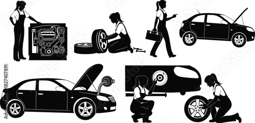 Automotive repair illustrations with mechanic, toolbox, tire work, engine inspection, car maintenance, vehicle service posture and tool scenes