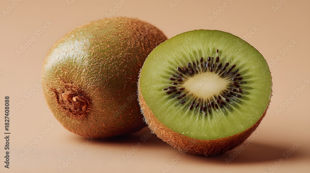 Fototapeta premium Fresh Whole and Halved Kiwi Fruit on a Light Brown Background.