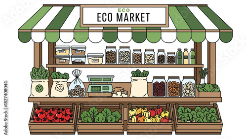 Illustration of eco food market stall with loose goods, refill jars, and reusable bags. Ideal for sustainable shopping visuals and zero waste educational campaigns