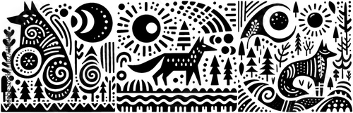 Whimsical Black and White Fox Illustration with Celestial and Natural Elements.