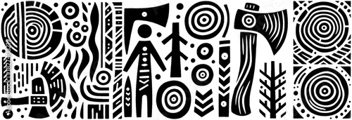 Abstract Woodcut Illustration: Nature Tools and Symbolic Elements.