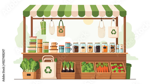 Illustration of eco food market stall with loose goods, refill jars, and reusable bags. Ideal for sustainable shopping visuals and zero waste educational campaigns