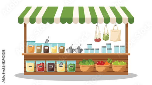 Illustration of eco food market stall with loose goods, refill jars, and reusable bags. Ideal for sustainable shopping visuals and zero waste educational campaigns