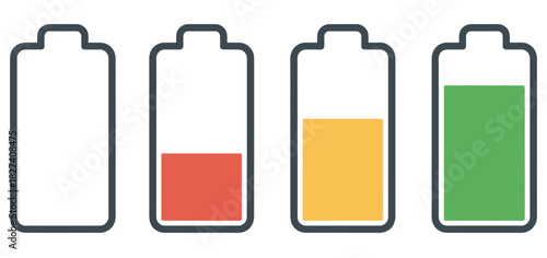 Battery charge level indicator icon set, featuring batteries with power statuses from full to empty, green yellow and red progress levels, mobile phone UI design elements, energy status symbols, and m