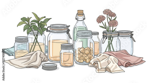 Illustration of natural cleaning supplies including vinegar, lemon, brush, and refill bottle. Ideal for zero waste living visuals and eco home cleaning tutorials