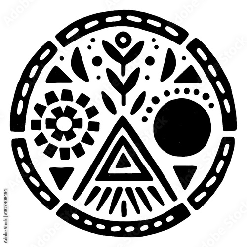 Abstract Geometric Mandala Design with Floral and Triangular Elements.