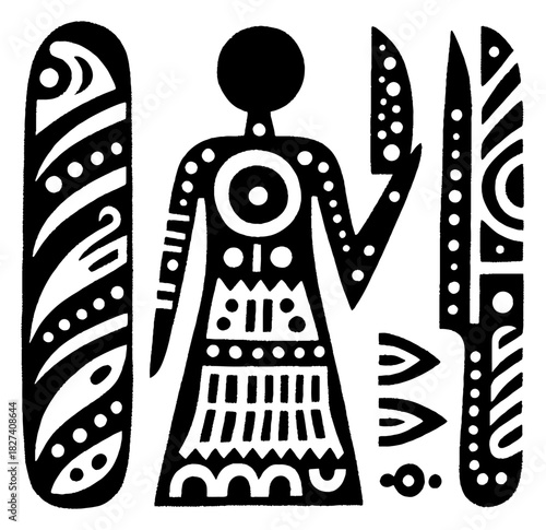 Stylized Tribal Figure with Knives and Decorative Elements.