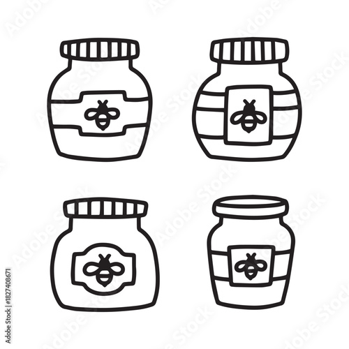Black and White Honey Jar Icon Set with Bee Label Designs.