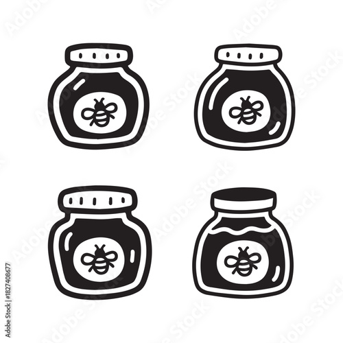 Black and White Honey Jar Icon Set with Bee Label Designs.