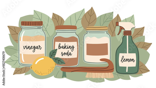 Illustration of natural cleaning supplies including vinegar, lemon, brush, and refill bottle. Ideal for zero waste living visuals and eco home cleaning tutorials