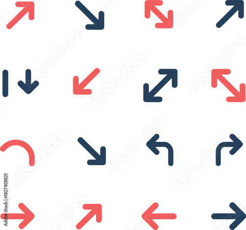 Arrow icon set, 4x4 grid, navigation symbols, red and blue vector illustration, direction indicators, user interface design elements template