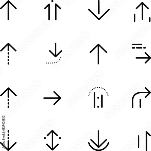 Arrow icon grid, black vector symbols, navigation and direction indicators, user interface design elements, signage graphic template, motion guide illustration