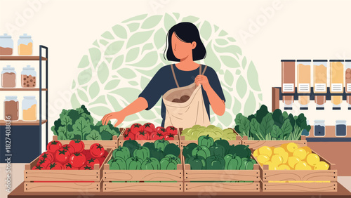 Woman shopping for fresh vegetables using a reusable tote bag at a zero waste market. Ideal for sustainability education, eco shopping themes, and environmental awareness