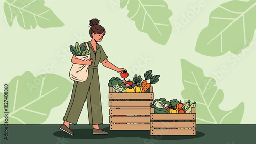 Woman shopping for fresh vegetables using a reusable tote bag at a zero waste market. Ideal for sustainability education, eco shopping themes, and environmental awareness