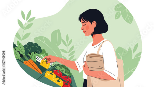 Woman shopping for fresh vegetables using a reusable tote bag at a zero waste market. Ideal for sustainability education, eco shopping themes, and environmental awareness