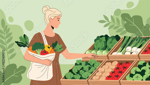 Woman shopping for fresh vegetables using a reusable tote bag at a zero waste market. Ideal for sustainability education, eco shopping themes, and environmental awareness