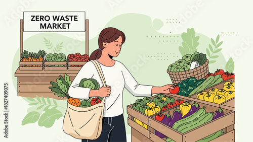 Woman shopping for fresh vegetables using a reusable tote bag at a zero waste market. Ideal for sustainability education, eco shopping themes, and environmental awareness