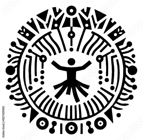Abstract Humanoid Figure Surrounded by Technological and Tribal Elements.
