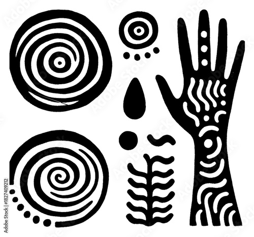 Hand with tribal symbols and spiral patterns artistic design.