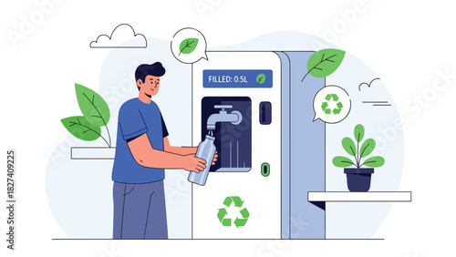Man filling a reusable metal water bottle at a refill station. Ideal for plastic-free lifestyle, hydration awareness campaigns, and sustainability visuals