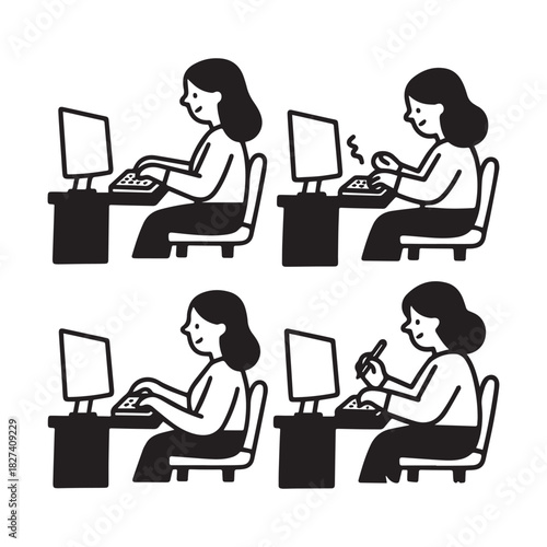 Black and White Icon Set of a Woman Working on a Computer.