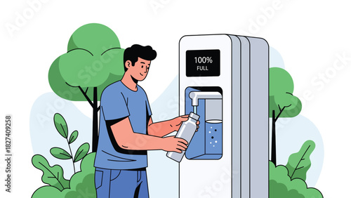 Man filling a reusable metal water bottle at a refill station. Ideal for plastic-free lifestyle, hydration awareness campaigns, and sustainability visuals
