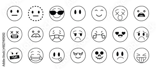 Set of hand drawn emoticons. Funny, smiley, sad and angry.