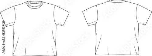 Basic T shirt front and back view, CAD drawing flat vector illustration, fashion apparel template, clothing technical sketch, garment design mockup