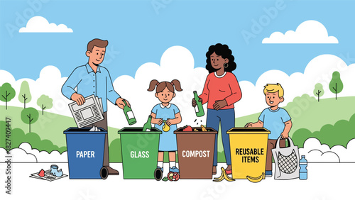Family sorting waste into labeled recycling bins at home. Ideal for environmental education, family sustainability, and waste management themes