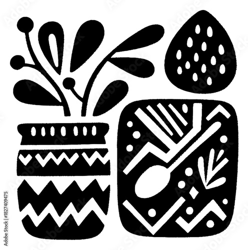 Stylized Still Life with Plants and Decorative Elements.