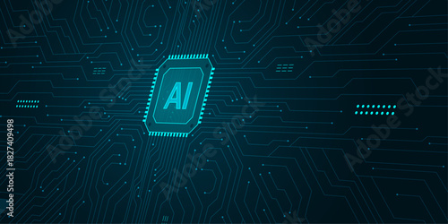 AI. Artificial Intelligence technology. Digital brain. Neural network. Machine learning. Deep learning. Big data analysis. Background with circuit board connections and tech icons. Vector Illustration