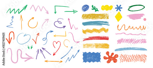 Arrows crayon doodle chalk icons set. Hand drawn crayon various arrows, curved, wavy and straight lines