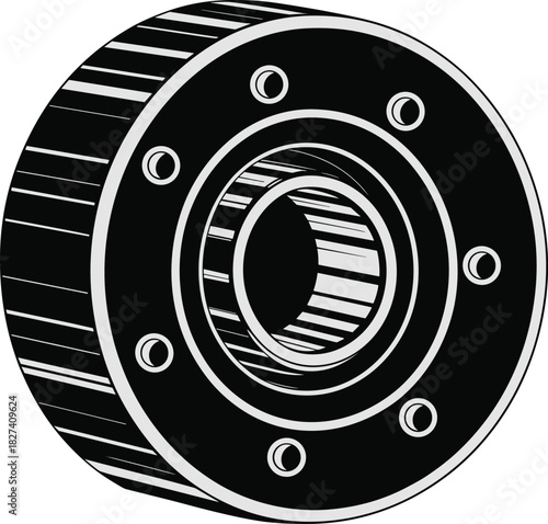 Bearing housing drawing, cylindrical gear vector, mechanical component illustration, industrial machinery design