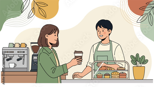 Girl getting takeaway coffee using a reusable eco cup at a café. Ideal for zero waste living concepts, modern eco lifestyle, and sustainability content