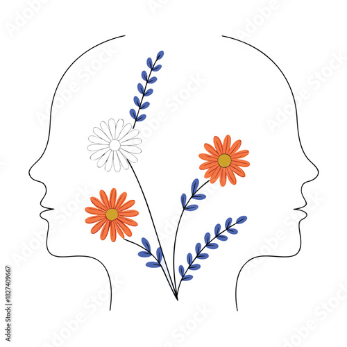 Stylized yin yang symbol formed by calendula and chamomile flowers